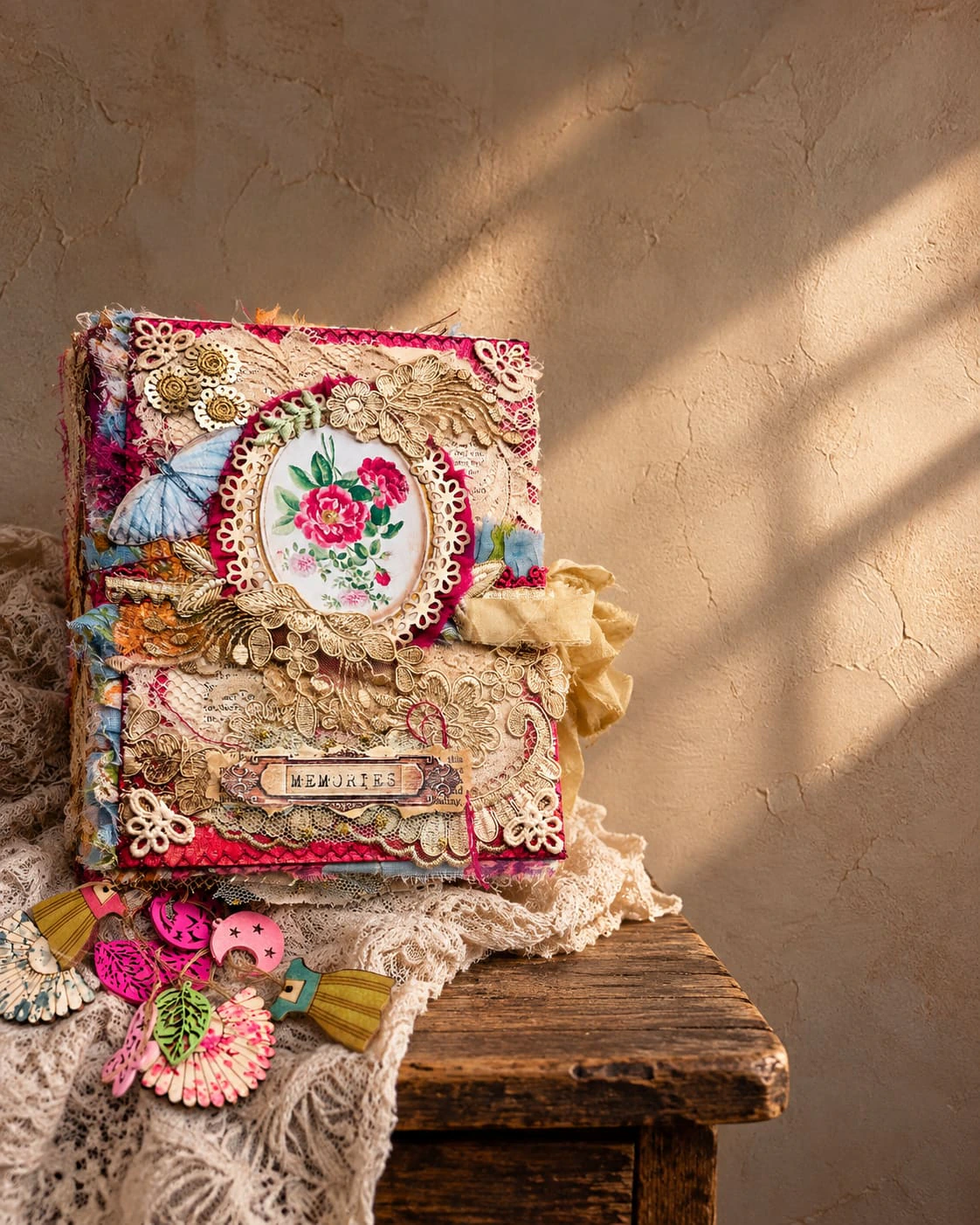 A handmade Trinketz journal with embroidered cover, lace and trims