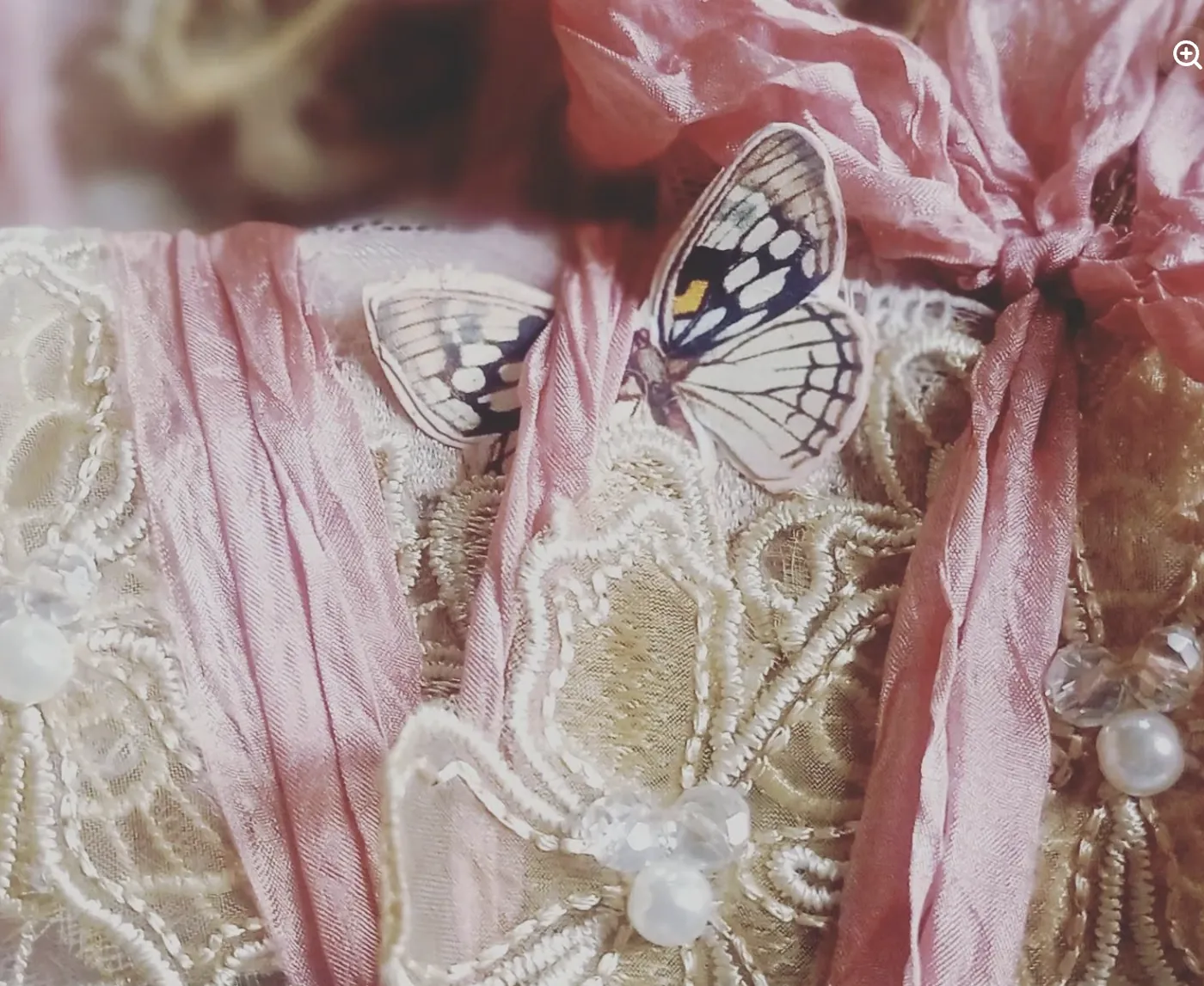 A butterfly resting on pink velvet with gold embroidery and pearls