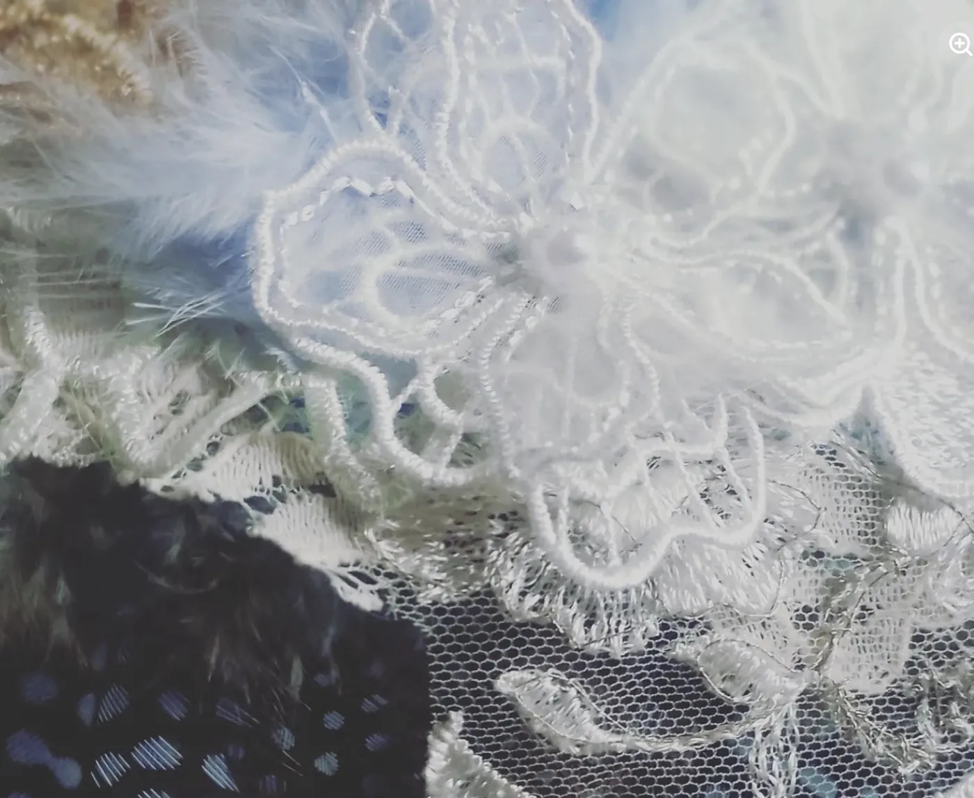 White lace and tulle with a soft pale feather
