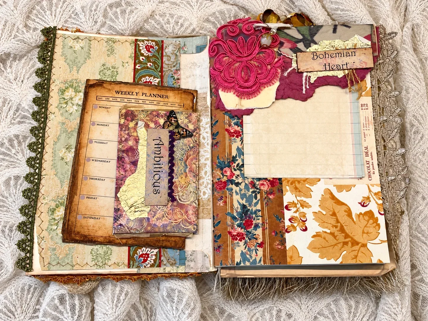 After the Wedding opened to a weekly planner, reminder folio, floral papers and a vivid pink embroidered fragment