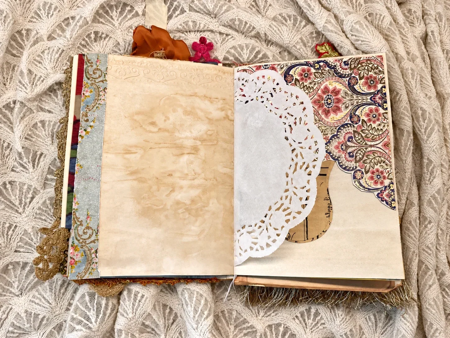 After the Wedding opened to tea-dyed paper, a white doily pocket and patterned floral paper