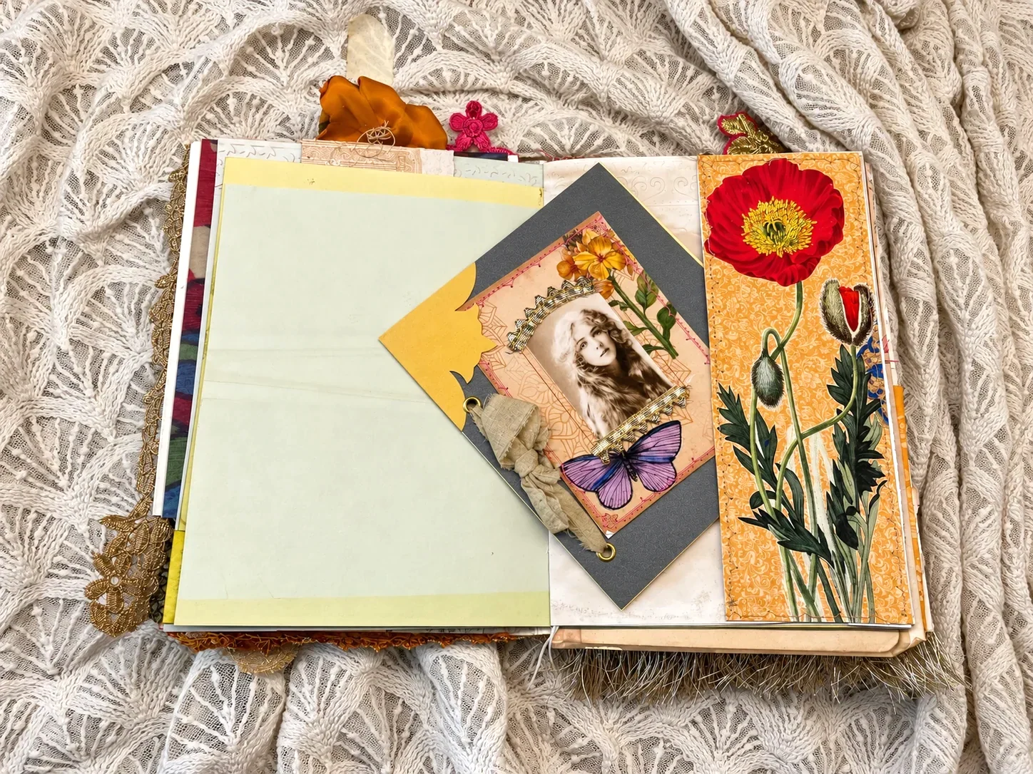 After the Wedding opened to pale writing paper, a portrait and butterfly tag, and a large red poppy