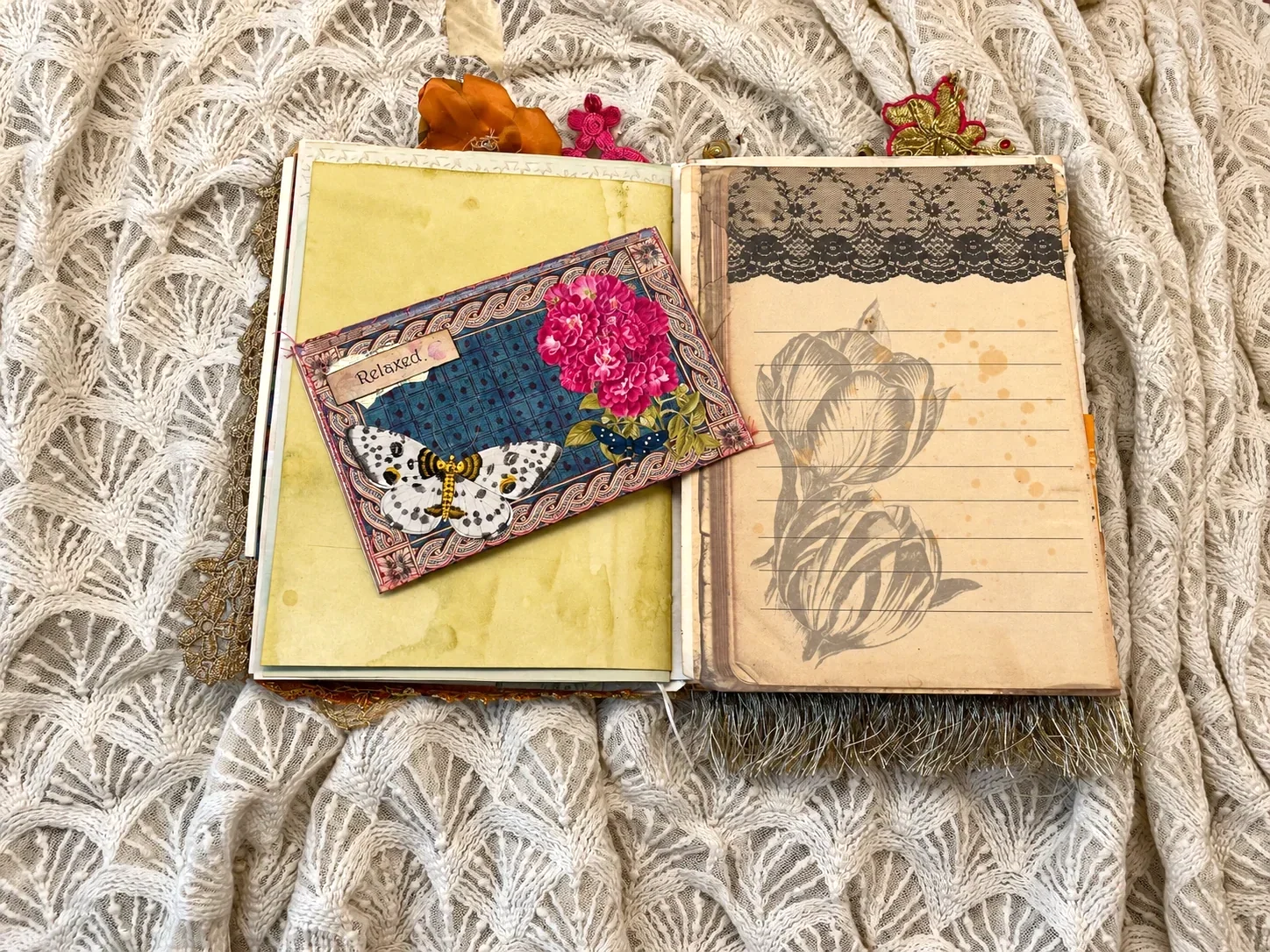 After the Wedding opened to yellow dyed paper, a floral Relaxed tag and a lined botanical page edged with black lace
