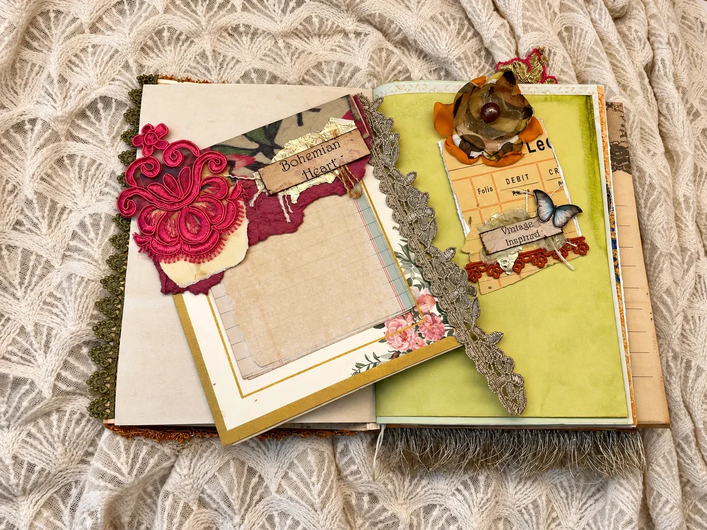 After the Wedding with a removable writing card, vivid pink applique, metallic lace and a small vintage-inspired insert