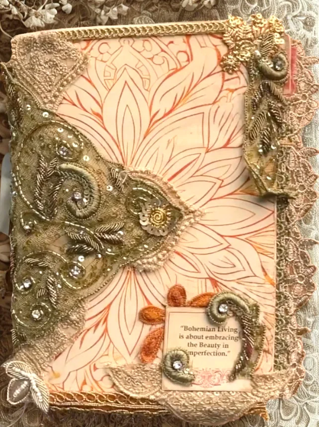 Bohemian textile artist’s book embellished with gold embroidery and lace