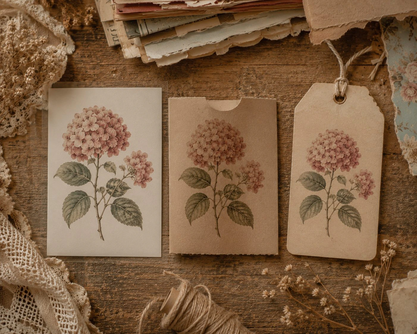 The same floral image printed three ways: as a smooth page, folded into a pocket on cardstock, and cut as a tag on thin paper