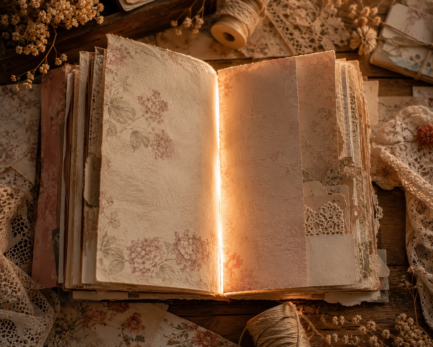 An open handmade journal glowing warmly at its center spine, surrounded by lace and dried flowers