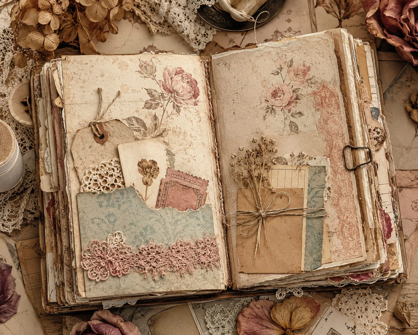 An open handmade junk journal with layered vintage papers, lace, a tag, and tucked ephemera