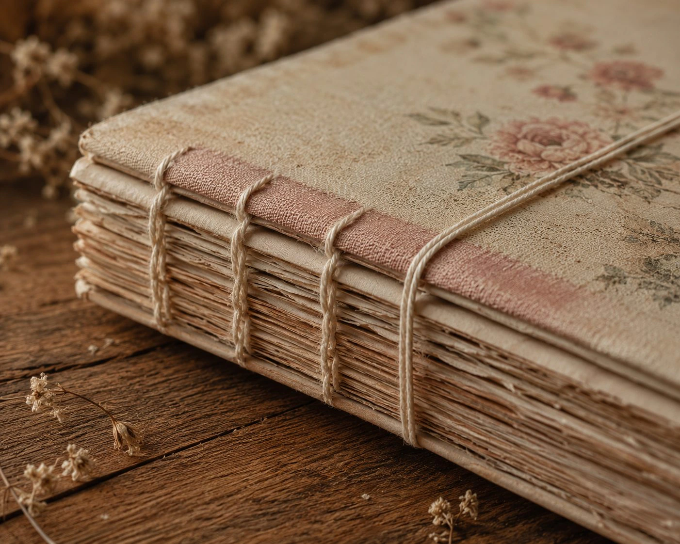 A journal spine bound with exposed Coptic stitch thread