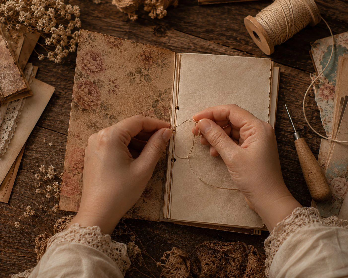 Hands at a wooden desk threading a needle through the fold of a handmade journal, slowly and unhurried