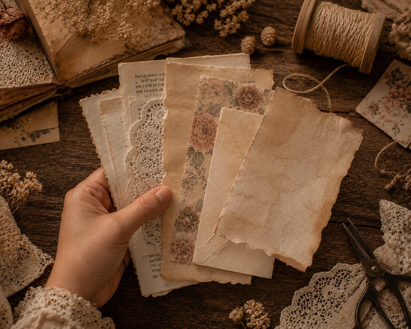 A hand fanning out a mixed selection of vintage papers, lace, and book pages for a journal signature