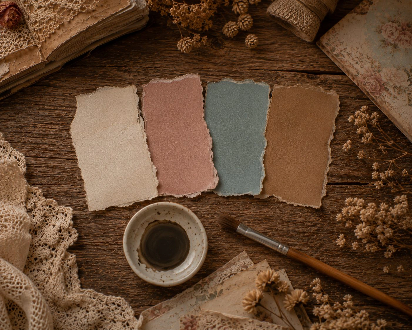 Four torn paper swatches on a wooden desk: antique ivory, dusty rose, faded teal, and sepia brown