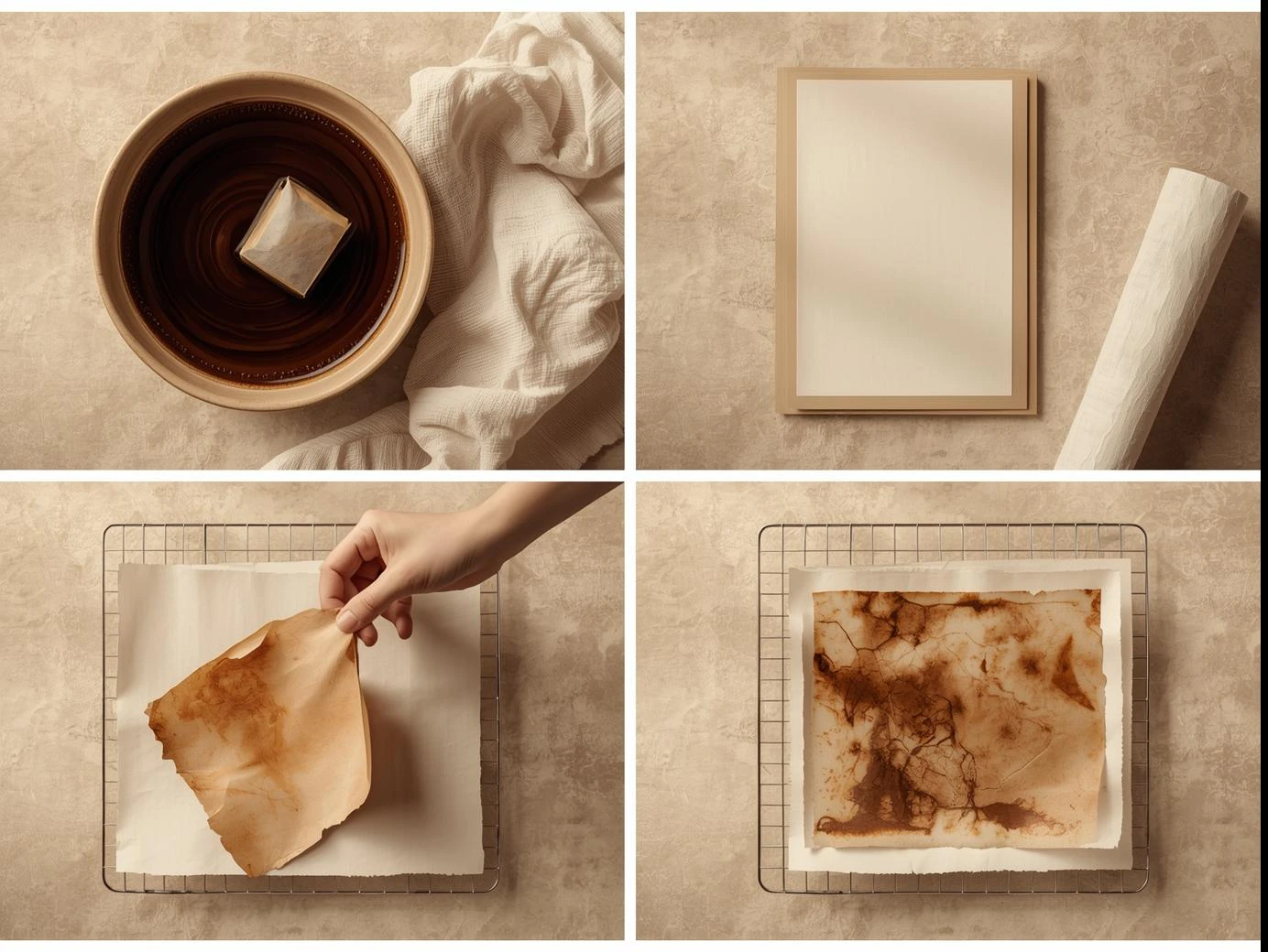 Four-panel process shot of tea-dyeing paper: steeping tea, plain paper, dipping a sheet, and the finished stained page drying on a rack