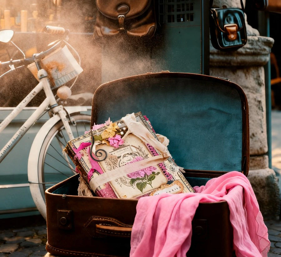 A handmade junk journal tucked inside a vintage suitcase, ready for a trip