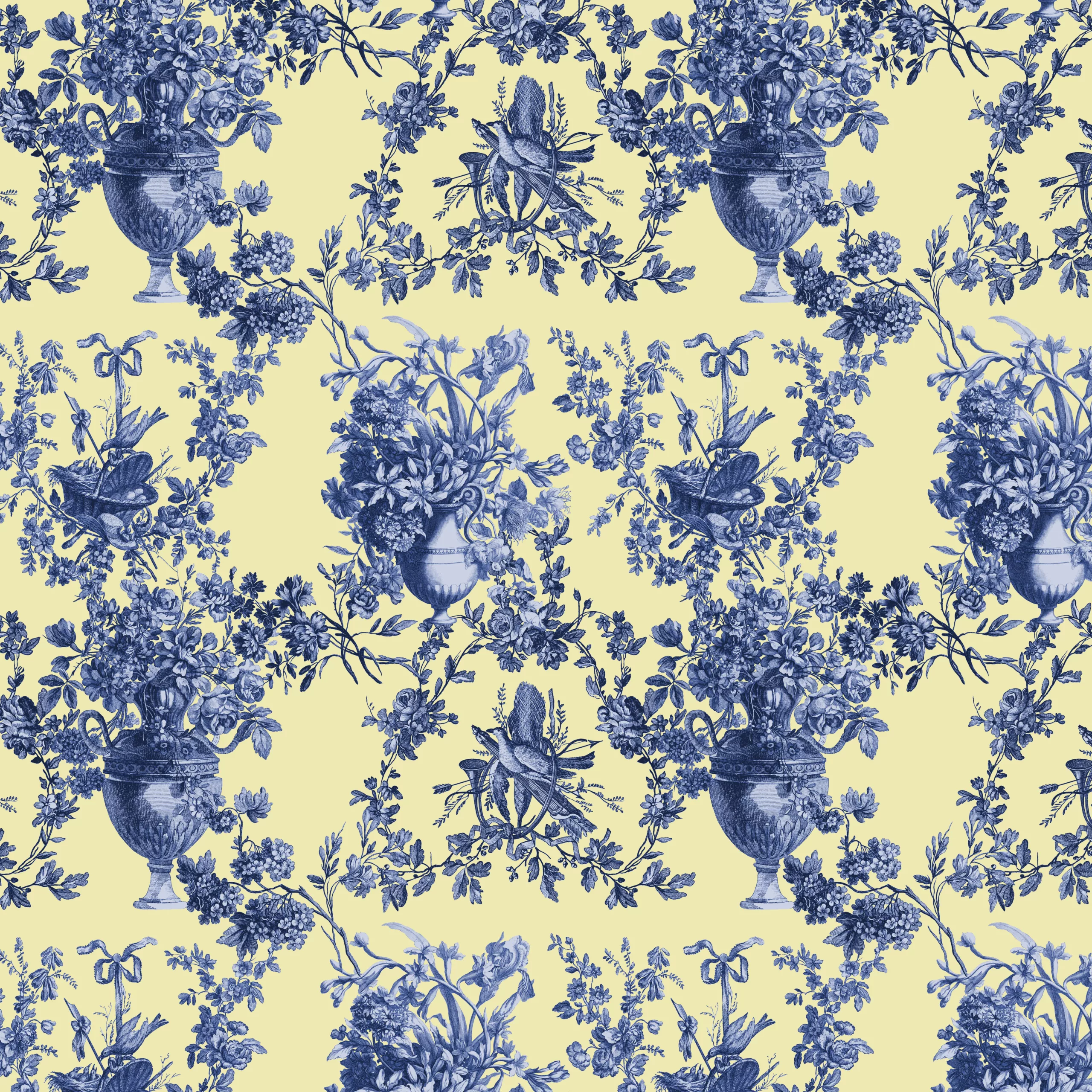 Blue and yellow Chinoiserie toile design detail — vintage porcelain pattern