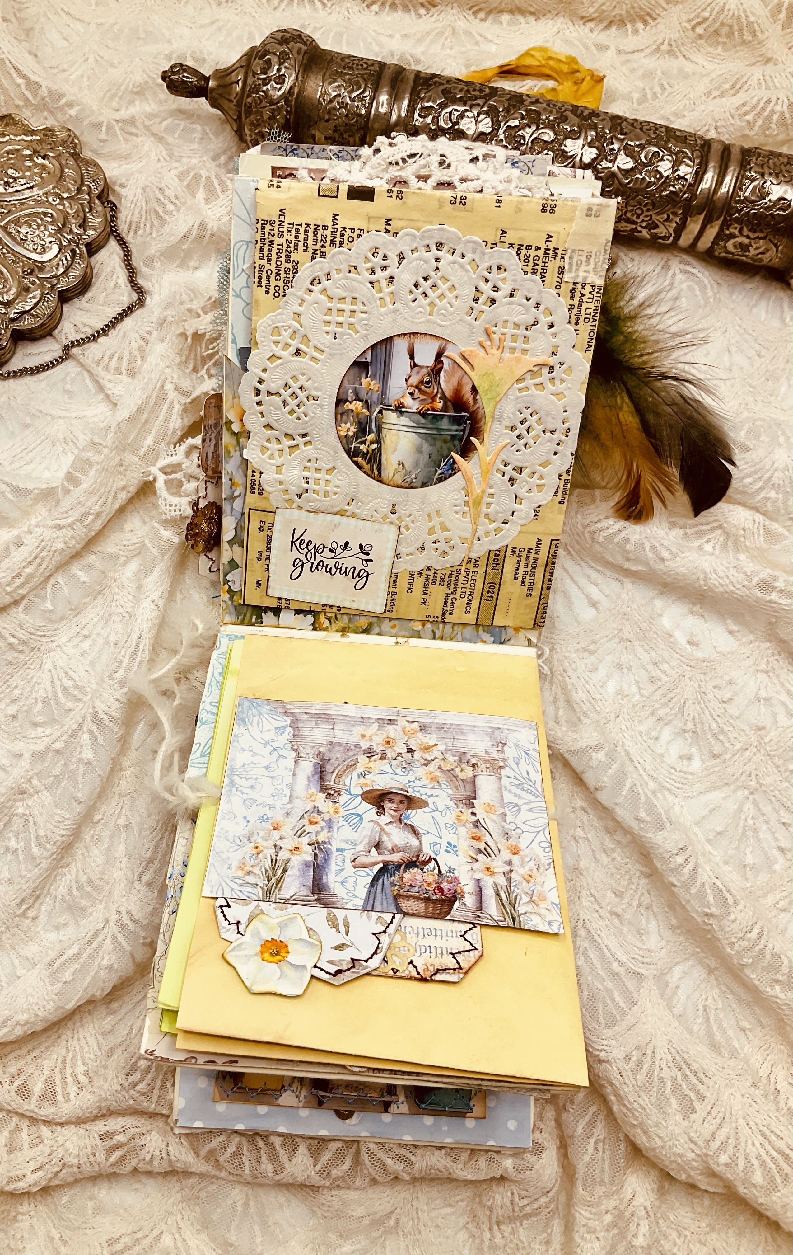 Flip-out page inside Seed Packet Junk Journal showing envelope construction and hidden compartments