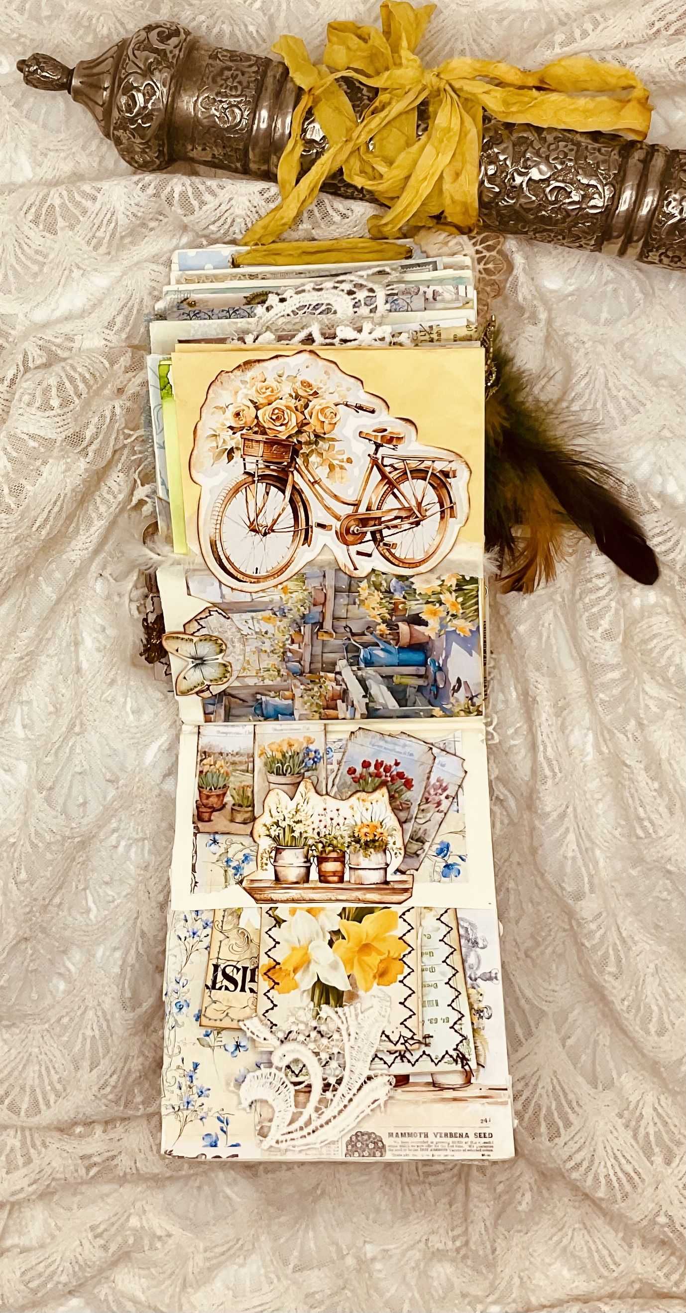Full handmade Seed Packet Junk Journal cover with botanical embellishments and vintage envelope construction