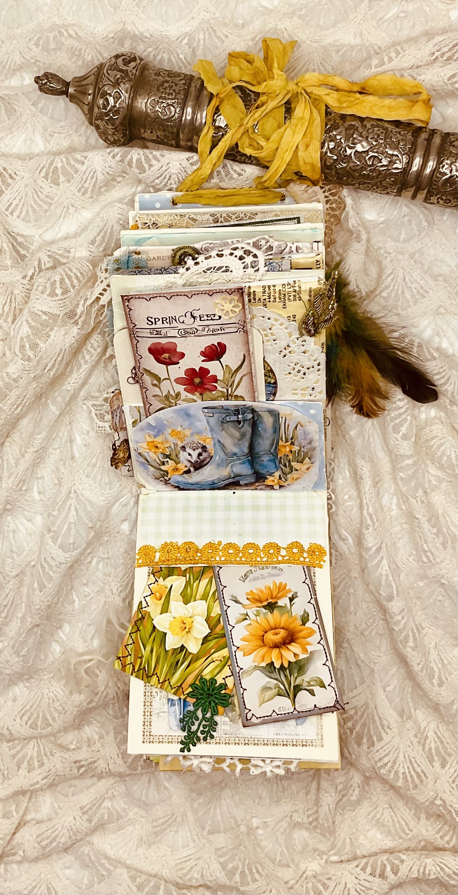 Full overview of handmade Seed Packet Junk Journal with vintage envelopes and botanical details