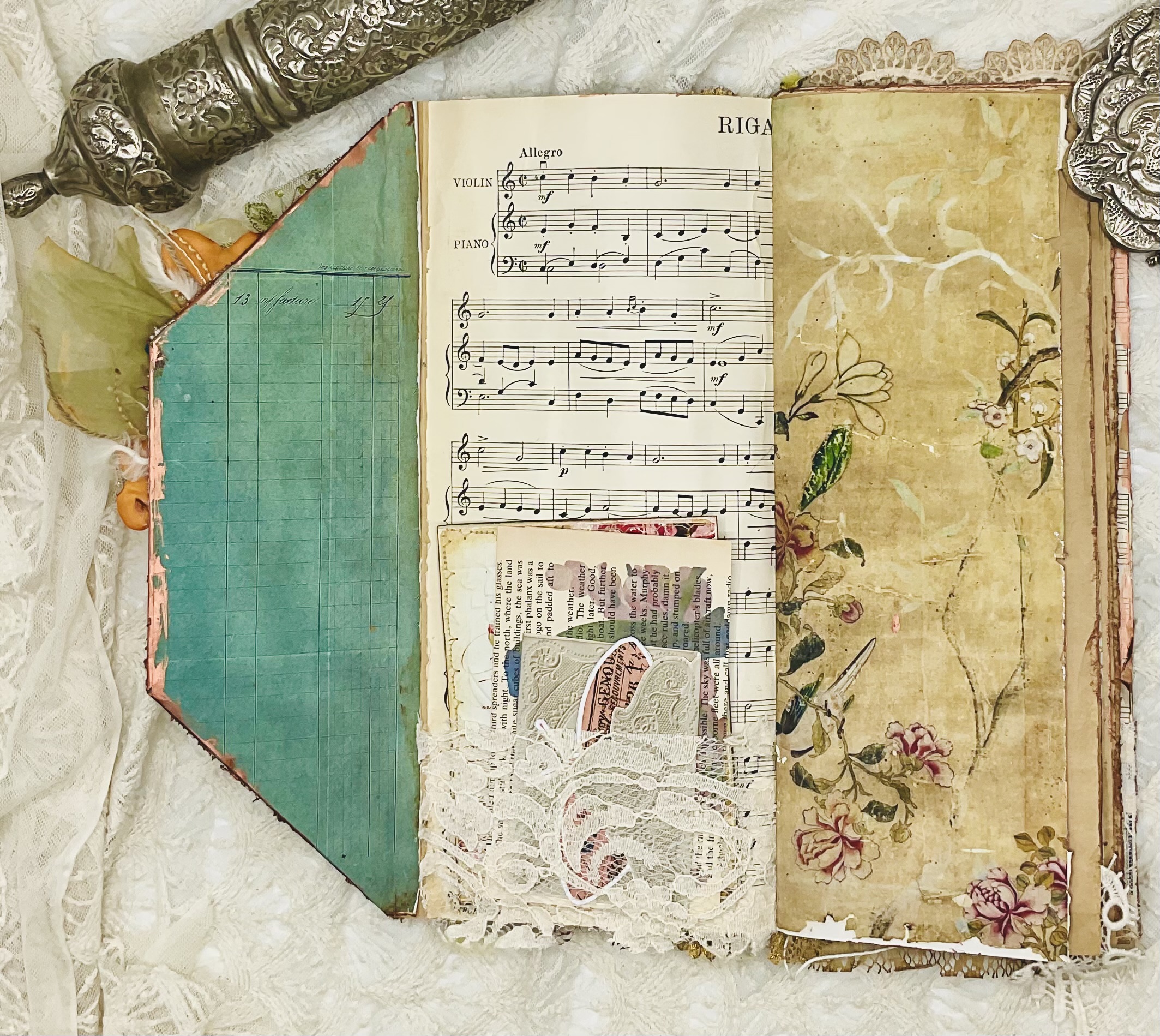 Vintage Bird-Themed Tall Junk Journal with Gold Embroidery - Image 12