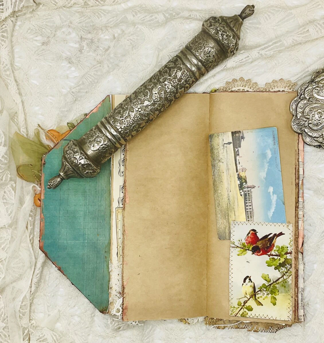 Vintage Bird-Themed Tall Junk Journal with Gold Embroidery - Image 10