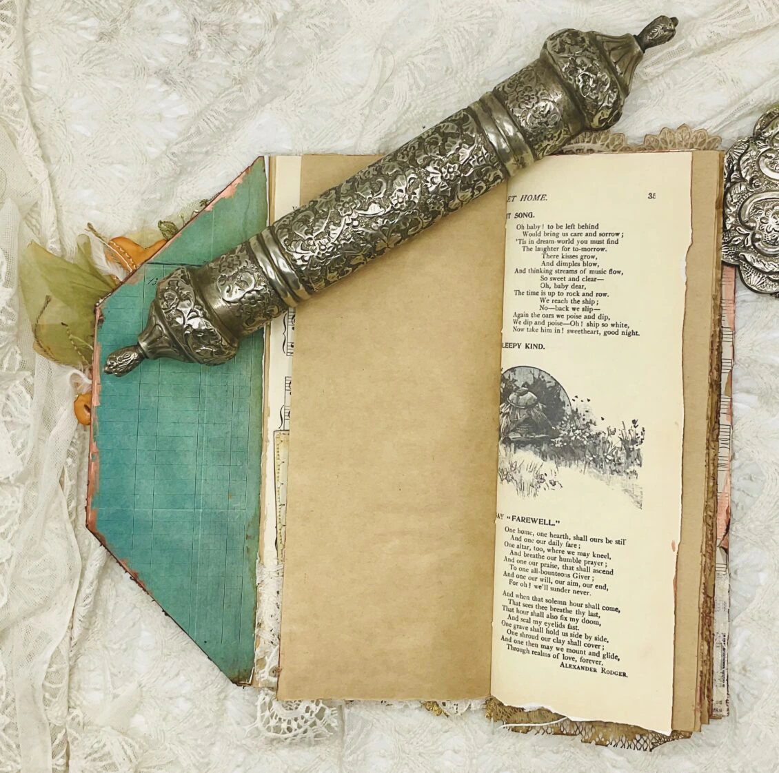 Vintage Bird-Themed Tall Junk Journal with Gold Embroidery - Image 9