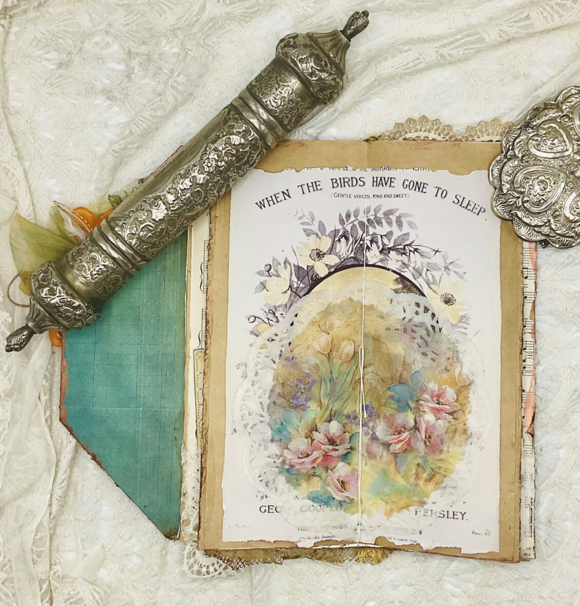 Vintage Bird-Themed Tall Junk Journal with Gold Embroidery - Image 7