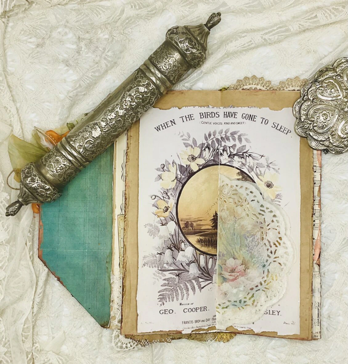 Vintage Bird-Themed Tall Junk Journal with Gold Embroidery - Image 6