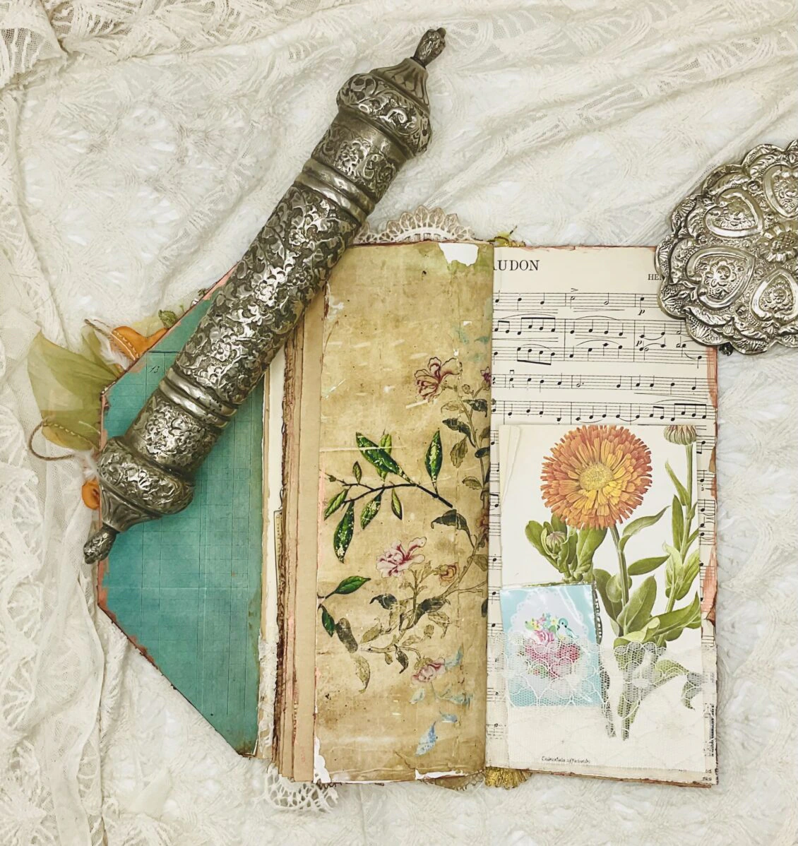 Vintage Bird-Themed Tall Junk Journal with Gold Embroidery - Image 4