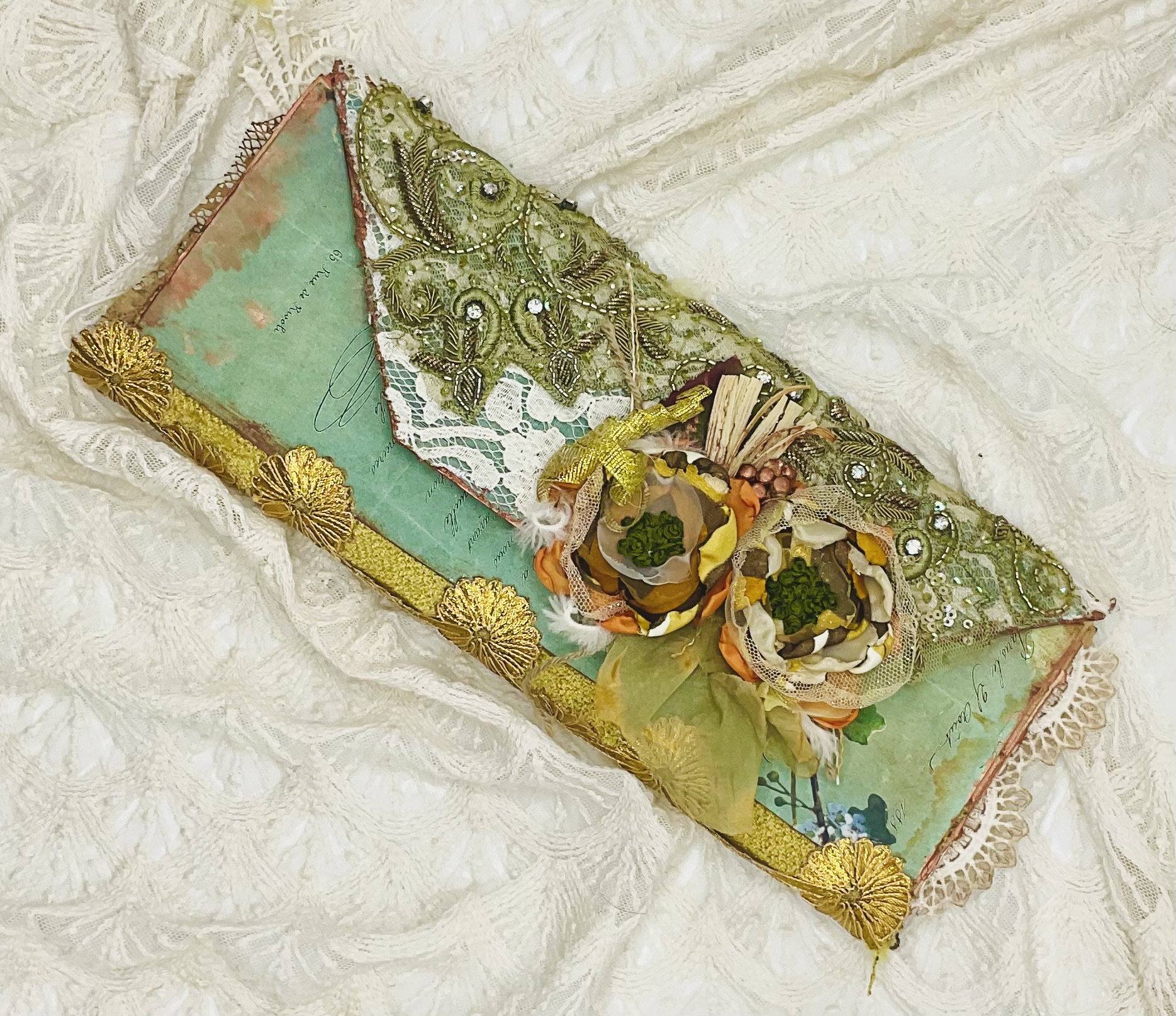 Vintage Bird-Themed Tall Junk Journal with Gold Embroidery