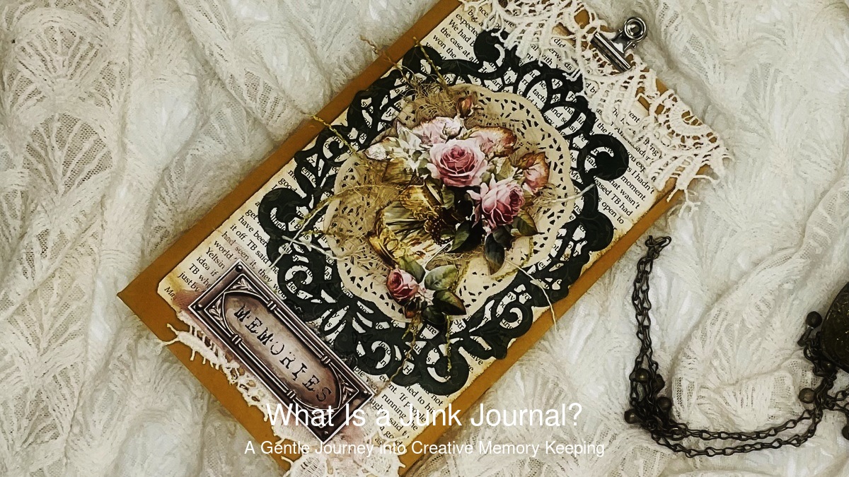 What Is a Junk Journal — Editorial Hero Vintage junk journal spread with tea-dyed pages, pressed flowers, and layered ephemera — an introduction to creative memory keeping