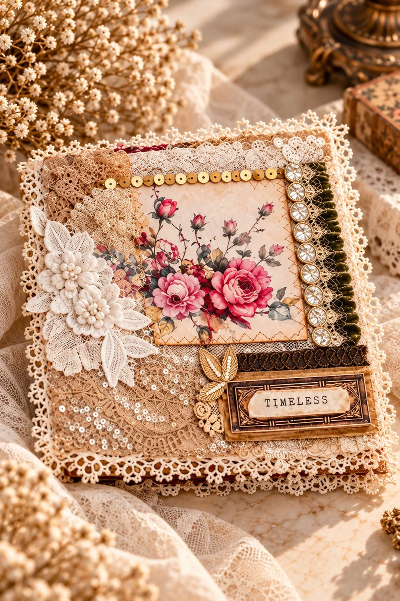 Completed vintage planner junk journal showing monthly planner pages and removable notebook inserts