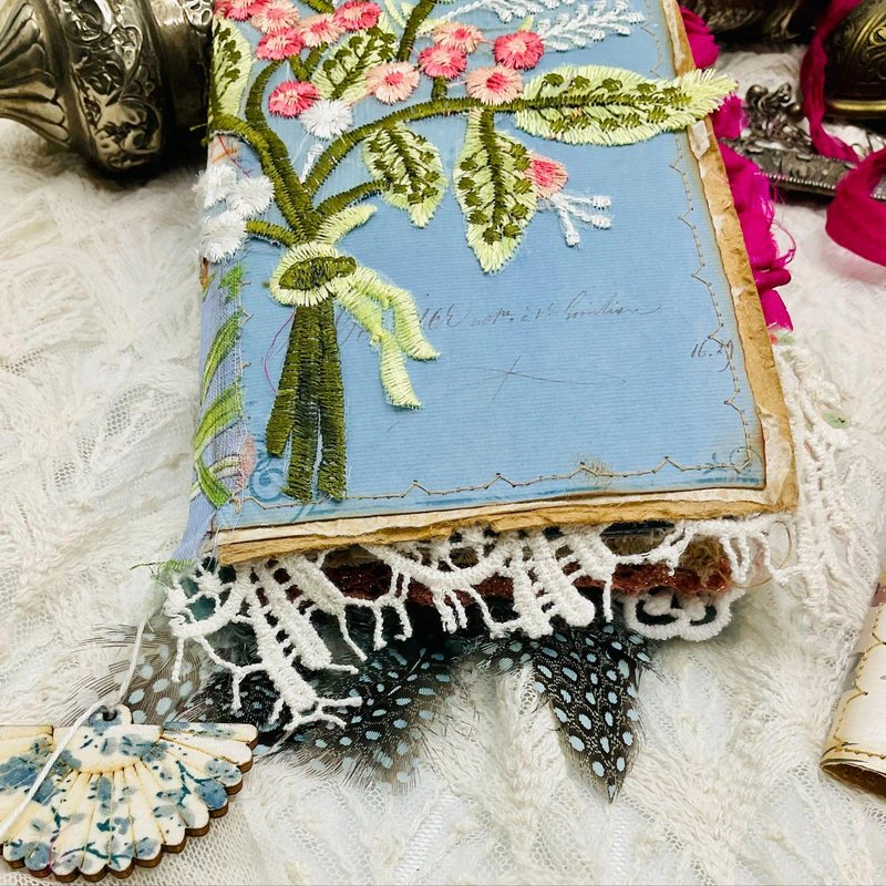 Handmade Aqua Floral junk journal cover detail