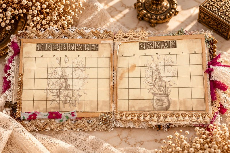 Monthly planner page decorated with vintage floral artwork
