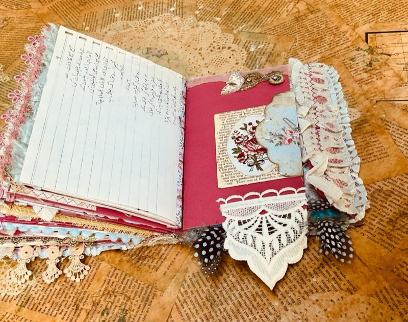 Deep pink vintage wedding invitation envelopes used in the Book of Ritz junk journal