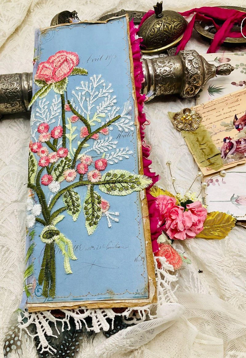 Close-up of handmade journal embellishments