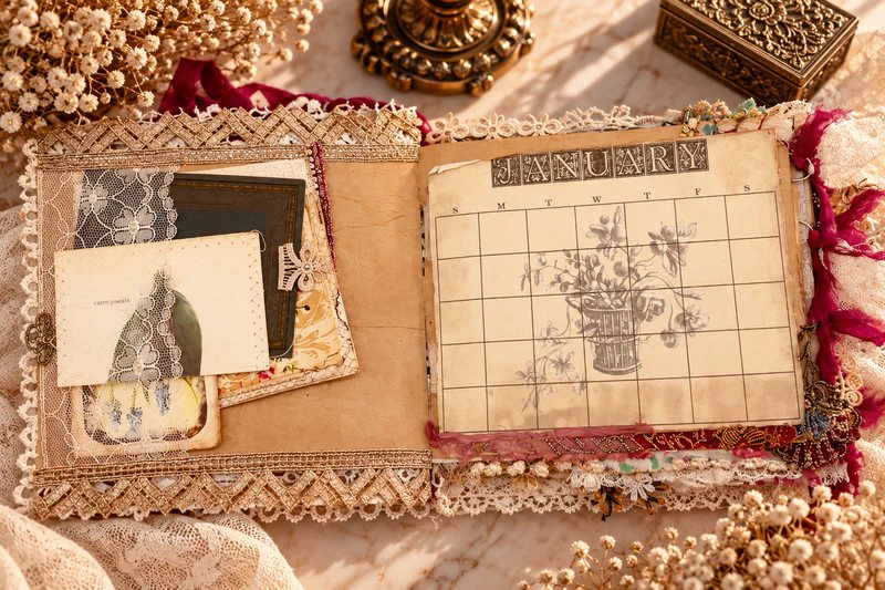 Decorative pockets filled with vintage style journaling cards tags and ephemera