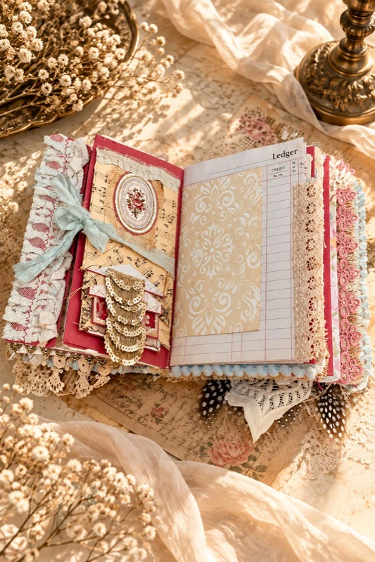 Open Book of Ritz handmade memory journal with vintage papers, pockets and removable signatures