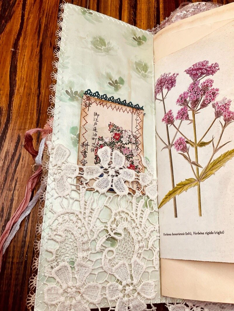 Machine stitching detail on the Cherry Blossom junk journal pages