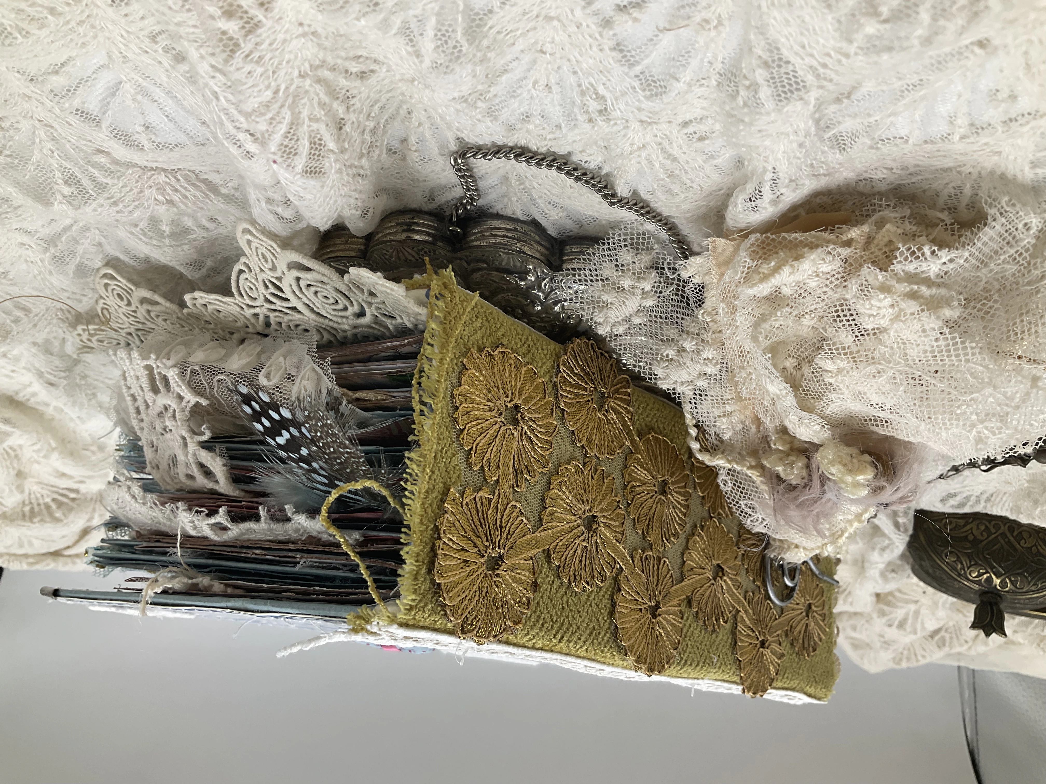 Vintage French scrapbook journal cover with layered embellishments