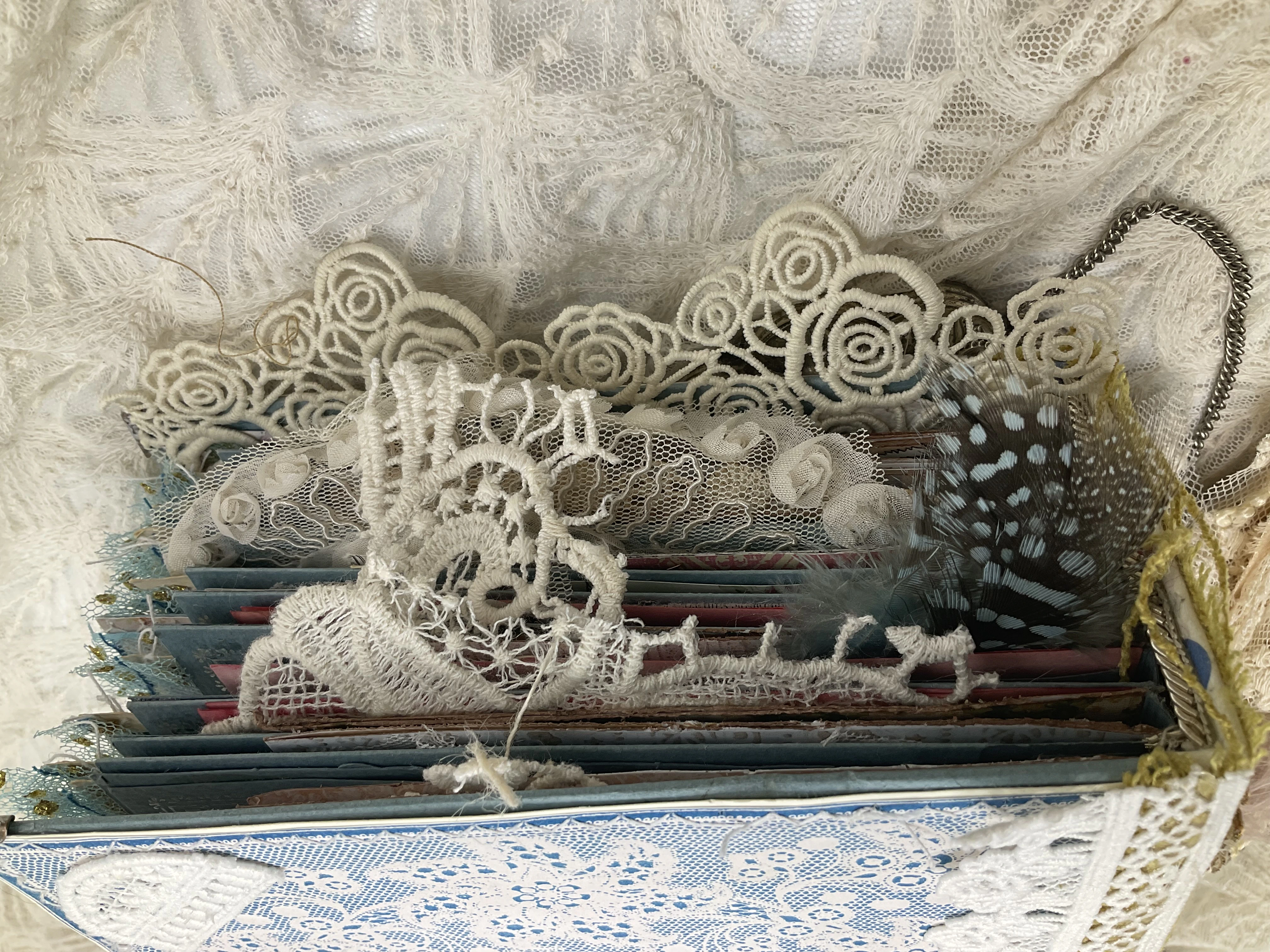 Close-up of lace and embellishments on handmade journal cover