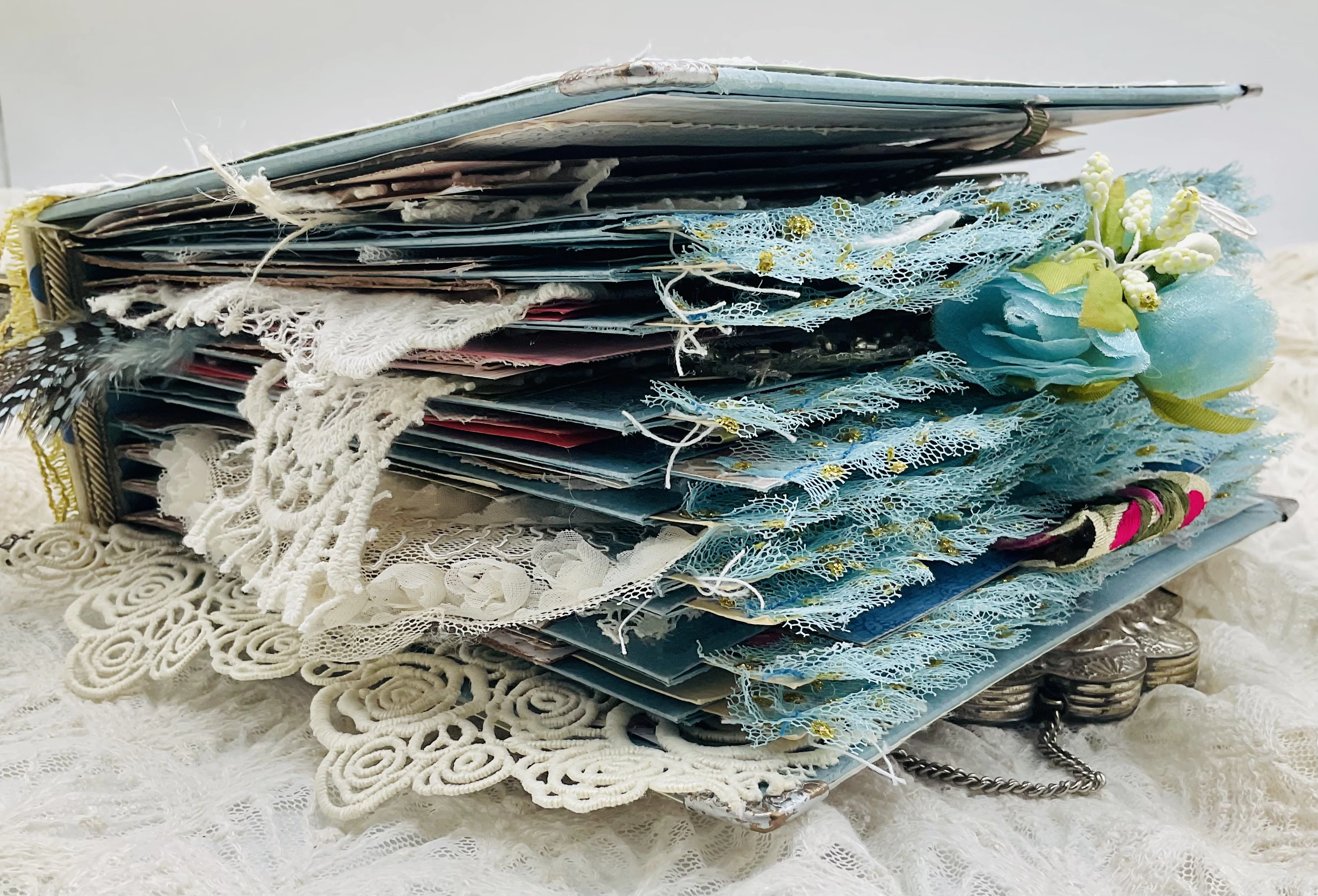 Interactive junk journal page with pockets and envelope storage