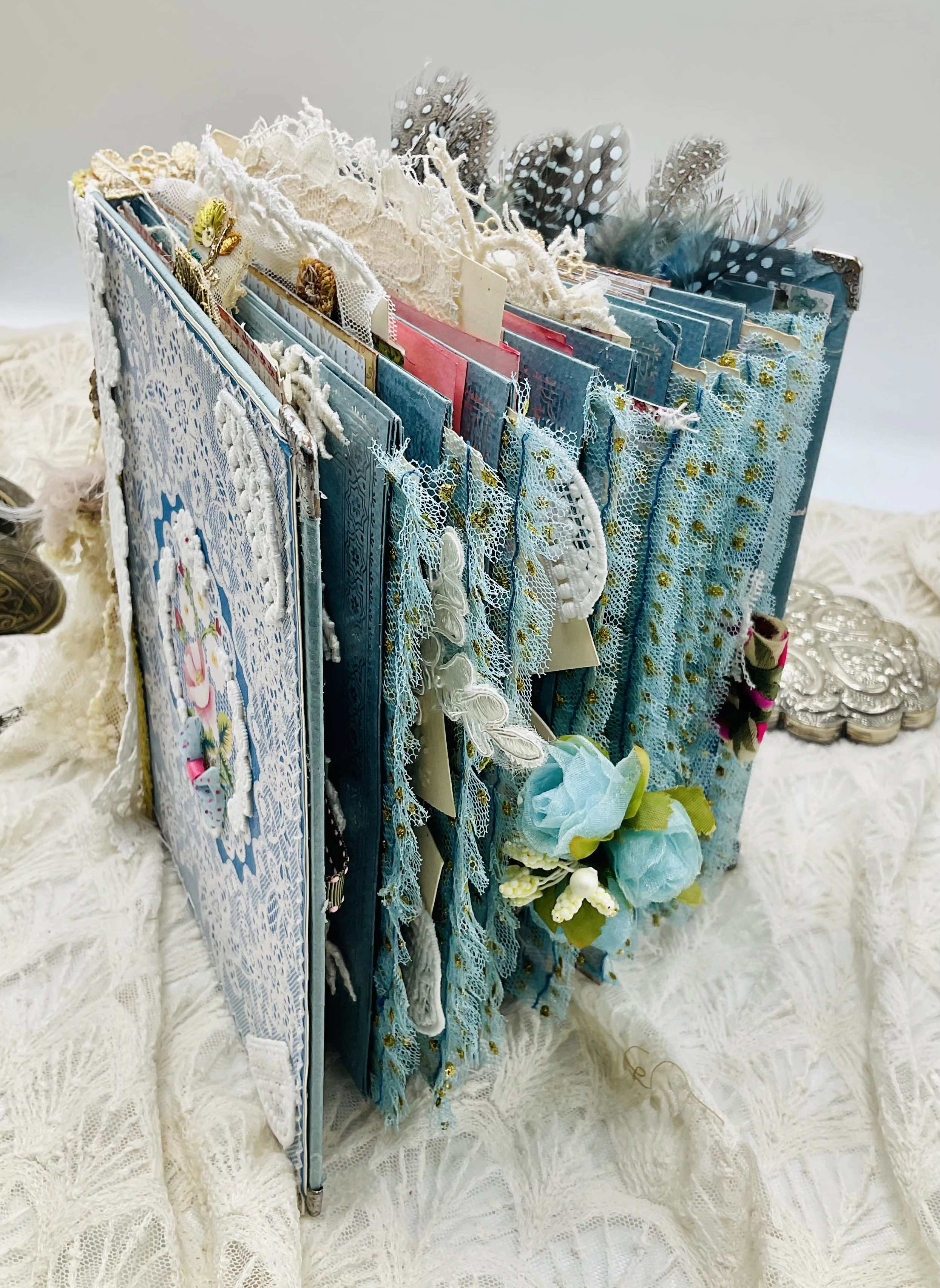 Decorative writing pages inside French scrapbook junk journal