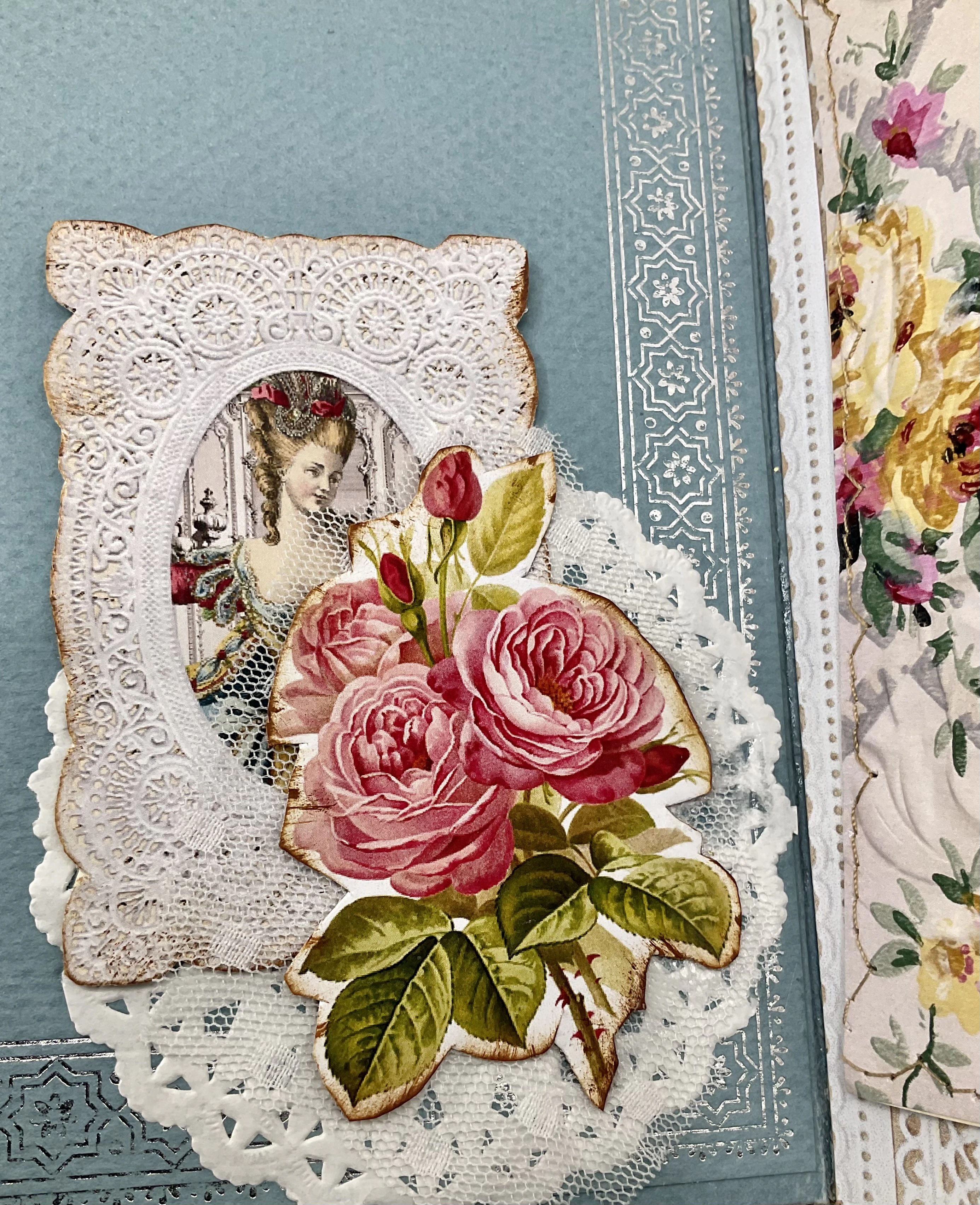 Layered collaging technique in French scrapbook junk journal