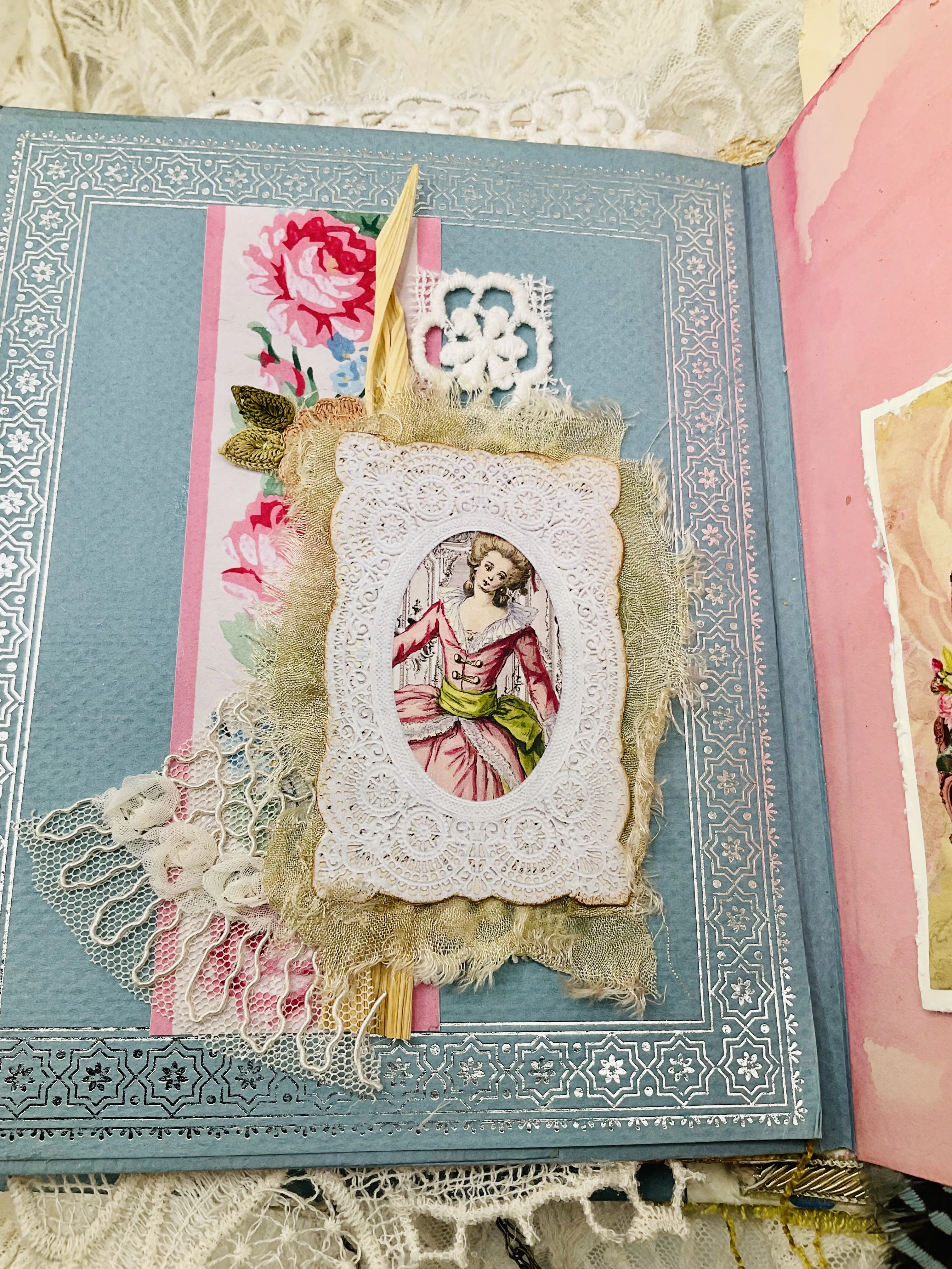 Work in progress details of French scrapbook junk journal