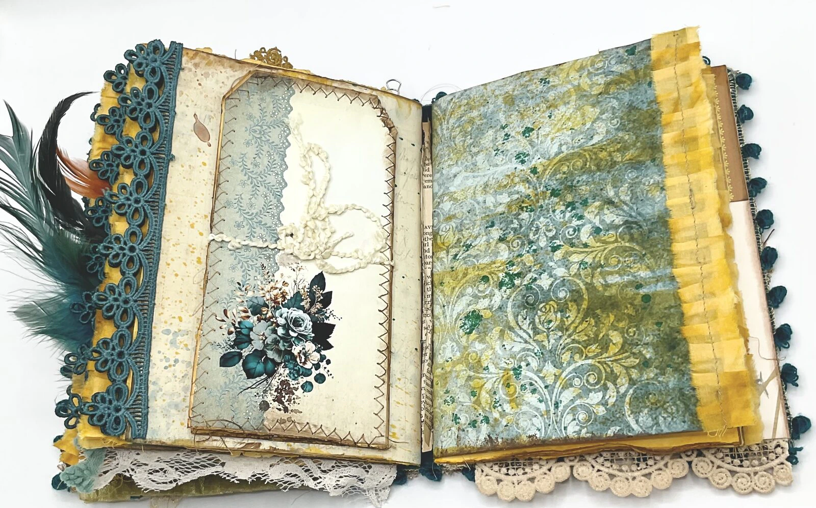 Butterfly page in teal fabric junk journal