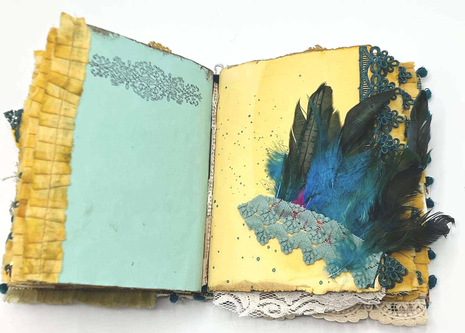 Important dates page in teal fabric junk journal