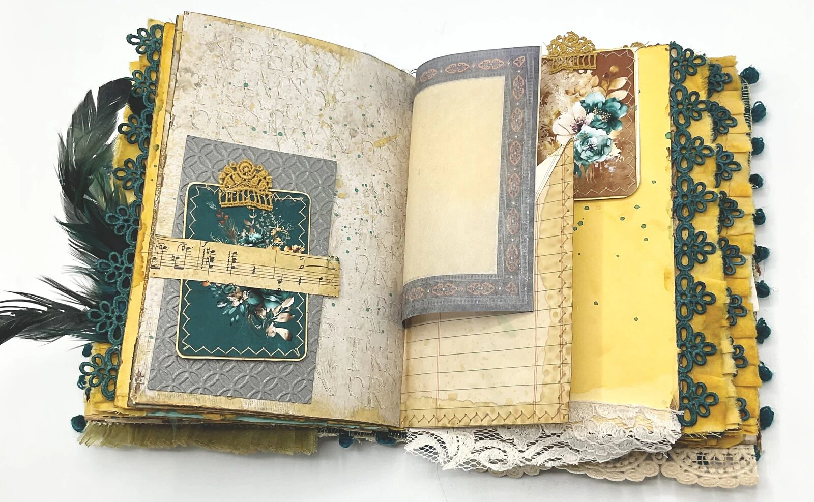 Vintage style document page in teal fabric junk journal