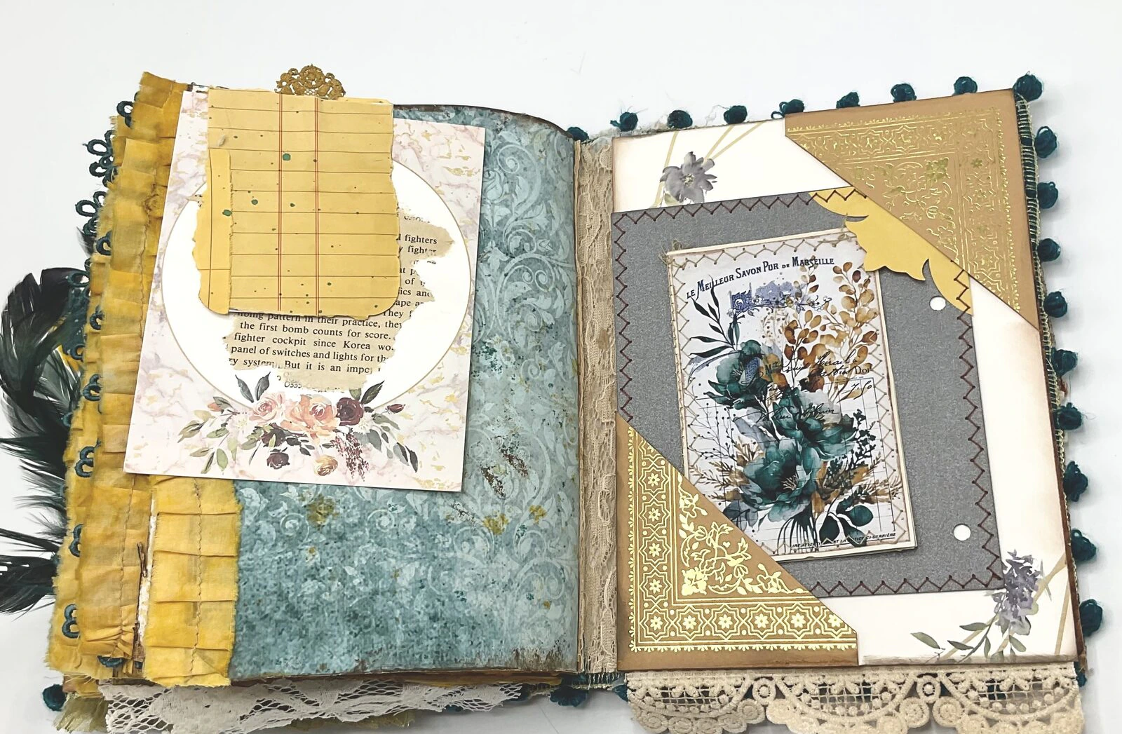Vintage wedding cards and tags in teal fabric junk journal