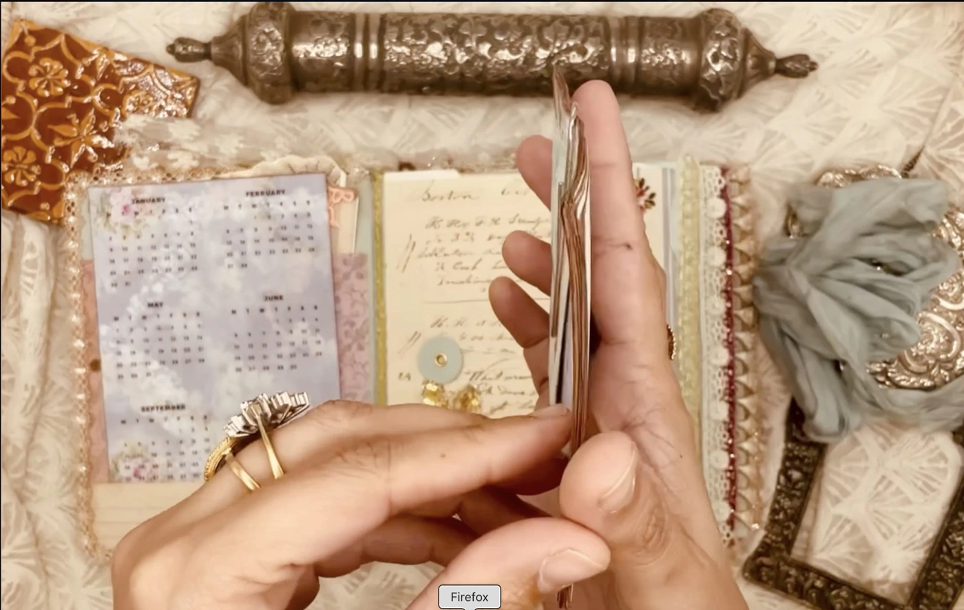 Full overview of the handmade vintage blue envelope junk journal
