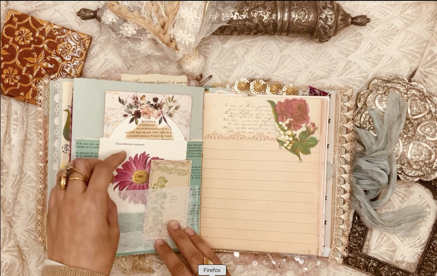 Cover detail with florals and lace on the vintage blue envelope junk journal